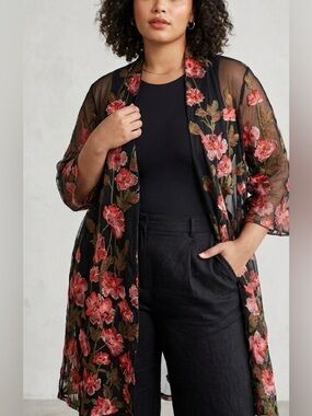 Susan Graver XL Black Sheer Mesh Kimono Floral Embroidered A-Line Top Jacket